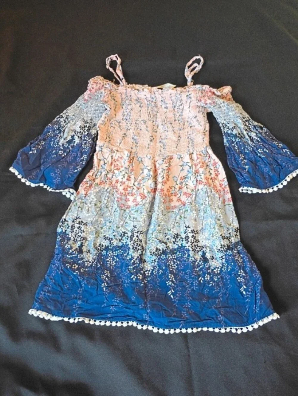 Off Shoulder Floral Tunic Top Blue Peach Bell Sleeve Boho Blouse Women's Small